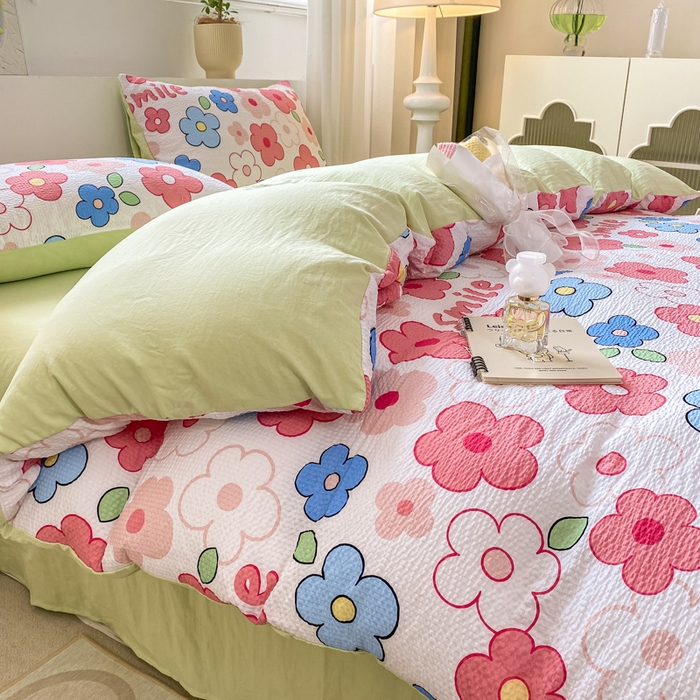 91家纺网 家纺一手货源 找家纺 悦织湾家纺 2025新款轻奢北欧风小清新印花水洗棉四件套 花满园