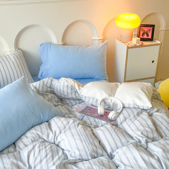 91家纺网 家纺一手货源 找家纺 （总）千朵 2024新款撞色条纹色织提花水洗棉被套四件套