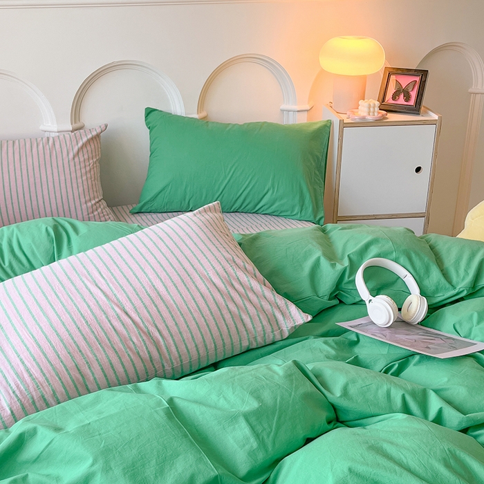 91家纺网 家纺一手货源 找家纺 （总）千朵 2024新款ins风多巴胺撞色条纹全棉水洗棉四件套-可乐系列