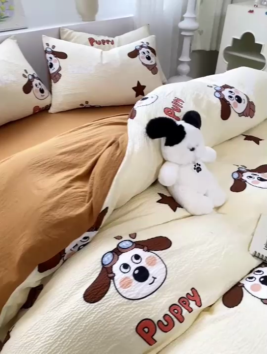 91家纺网 家纺一手货源 找家纺 悦织湾家纺 2025新款轻奢北欧风小清新印花水洗棉四件套 飞行狗