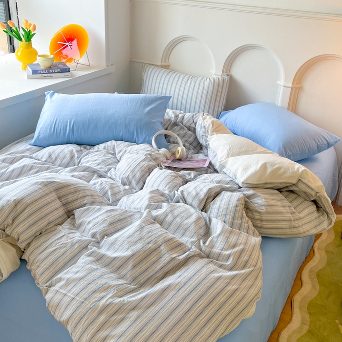 91家纺网 家纺一手货源 找家纺 千朵 2024新款撞色条纹色织提花水洗棉被套四件套 韩系蓝条