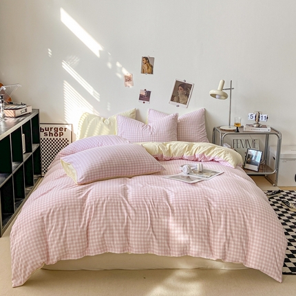 悦织湾家纺 2025新款日式简约格子水洗棉单品被套系列 布丁粉