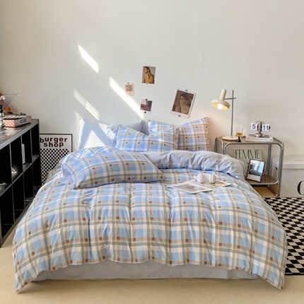 91家纺网 家纺一手货源 找家纺 （总）悦织湾家纺 2025新款日式简约格子水洗棉四件套