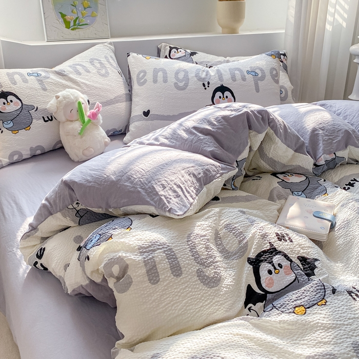 91家纺网 家纺一手货源 找家纺 悦织湾家纺 2025新款轻奢北欧风小清新印花水洗棉四件套 企鹅