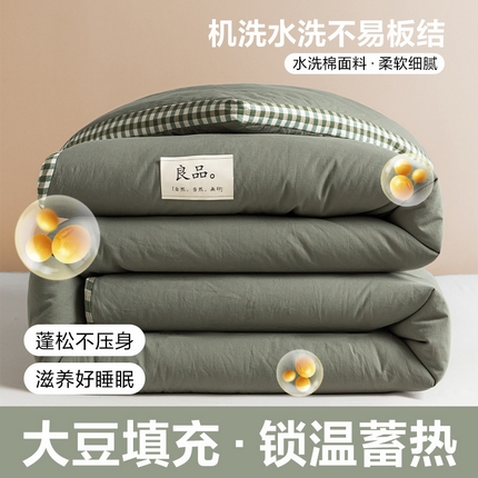 2024新款无印风棋盘格立体边大豆纤维冬被 风格一 棋盘格-墨子绿