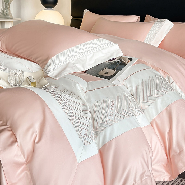 91家纺网 家纺一手货源 找家纺  【A类母婴级】100支长绒棉四件套全棉纯棉重工高端刺绣拼接被套简约床单床笠款床上用品 澜梦-落樱粉