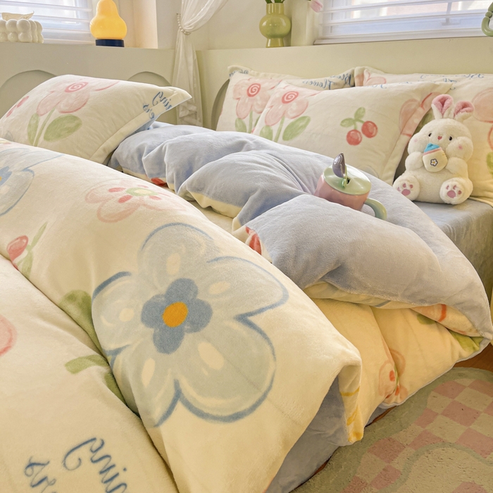 91家纺网 家纺一手货源 找家纺 （总）梦之岛 2024新款高克重小清新印花牛奶绒保暖四件套