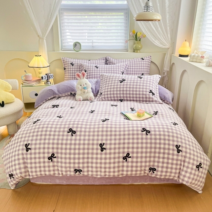 梦之岛 2024新款高克重小清新印花牛奶绒保暖四件套 蝴蝶结-浅紫