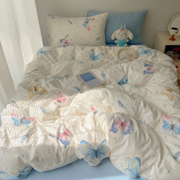 91家纺网 家纺一手货源 找家纺 2024新款学生季克超软印花水洗棉四件套 琉璃蝴