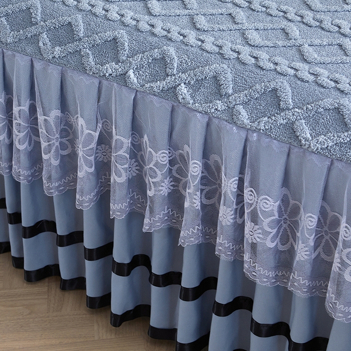 91家纺网 家纺一手货源 找家纺 艾裙海 2025新款180克塔肤绒蕾丝床裙 蓝灰色