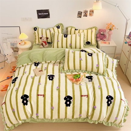 麦朵 2024高克重牛奶绒花边款四件套雪花绒金貂绒套件宝宝绒雕花绒被套 哈基米-绿