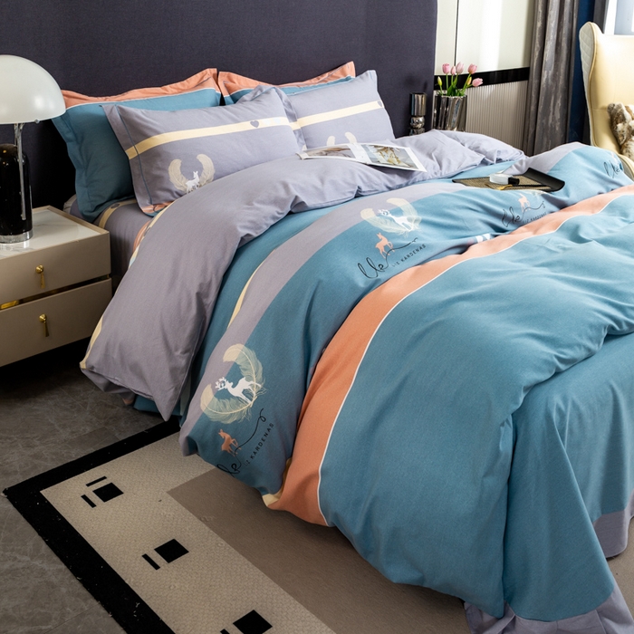 91家纺网 家纺一手货源 找家纺 威布斯 2025新款加厚纯棉全棉磨毛三件套四件套 鹿野仙踪-蓝