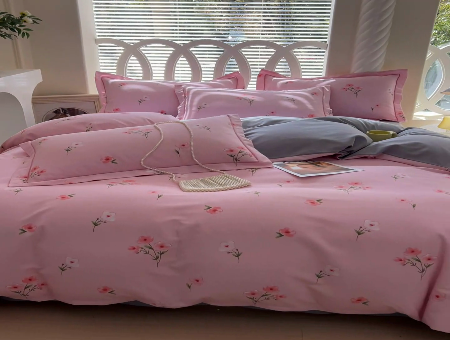 91家纺网 家纺一手货源 找家纺 威布斯 2025新款加厚纯棉全棉磨毛三件套四件套 风铃花香-粉