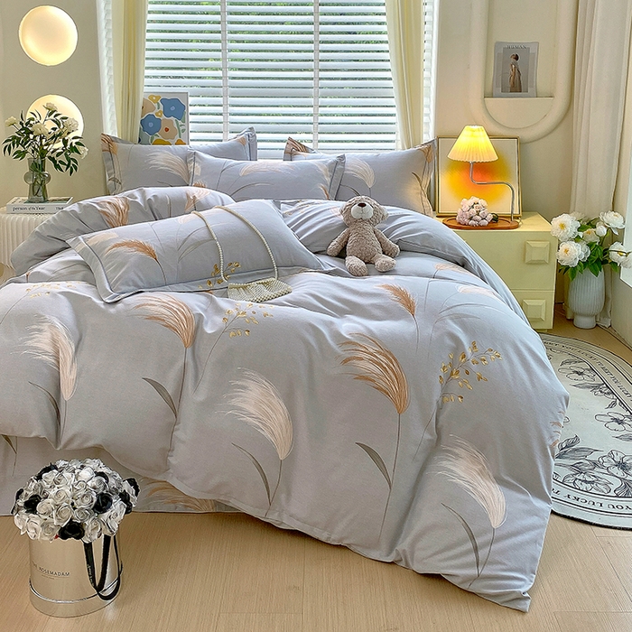 91家纺网 家纺一手货源 找家纺 威布斯 2025新款加厚纯棉全棉磨毛三件套四件套 墨雨云间-灰