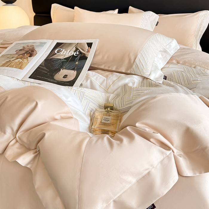 91家纺网 家纺一手货源 找家纺  【A类母婴级】100支长绒棉四件套全棉纯棉重工高端刺绣拼接被套简约床单床笠款床上用品 澜梦-白桃