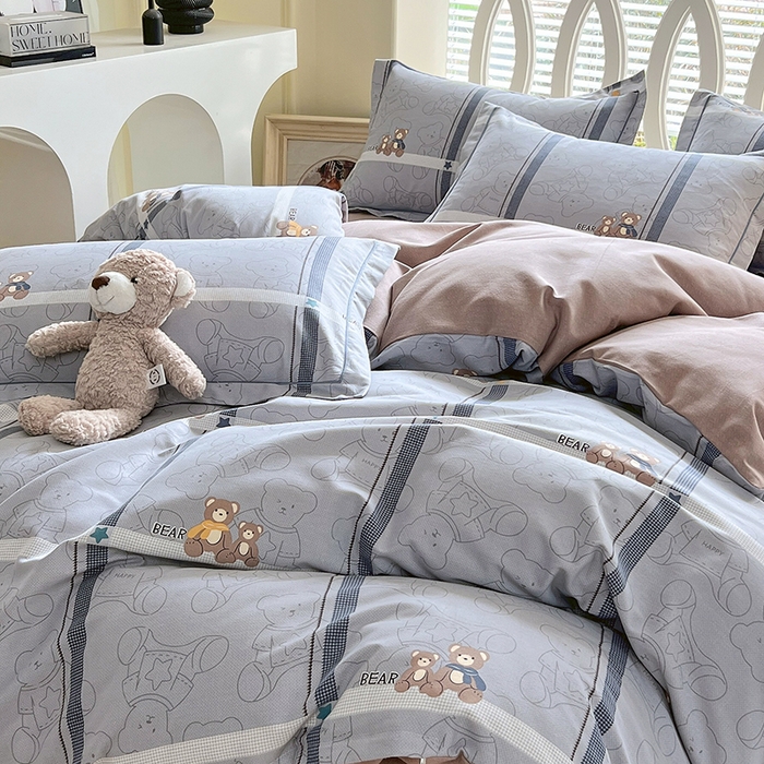 91家纺网 家纺一手货源 找家纺 威布斯 2025新款加厚纯棉全棉磨毛三件套四件套 绅士熊-灰