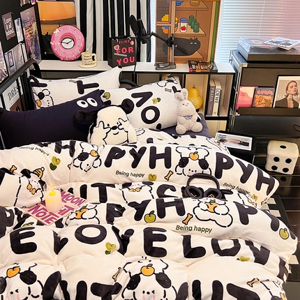 HL原创 2024新款黑色场景印花牛奶绒四件套 嗨皮狗