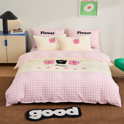 呗旺鹿 2024新款高克重小清新拼接款毛巾绣牛奶绒四件套原创 花花