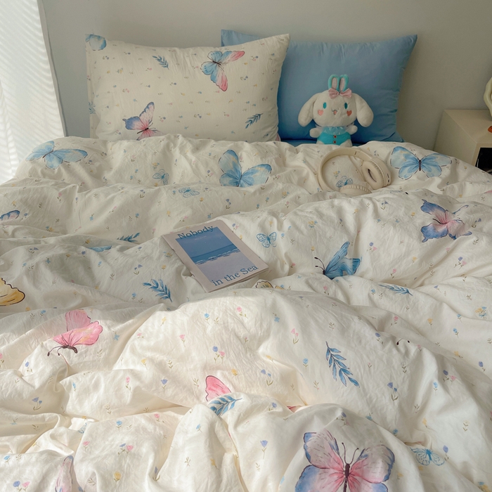 91家纺网 家纺一手货源 找家纺 2024新款学生季克超软印花水洗棉四件套 琉璃蝴