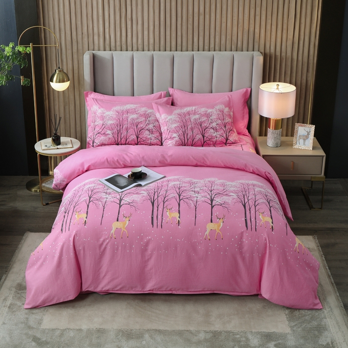 91家纺网 家纺一手货源 找家纺 威布斯 2025新款加厚纯棉全棉磨毛三件套四件套 鹿雪踏花-粉