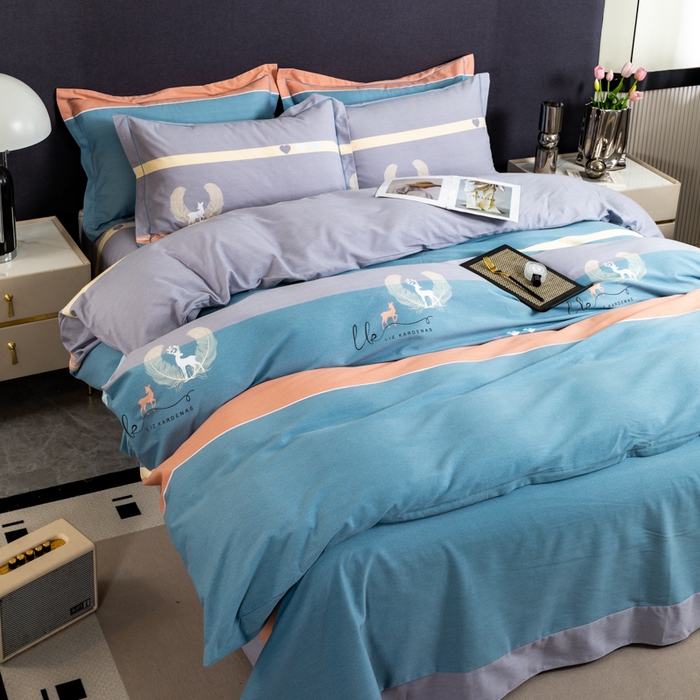 91家纺网 家纺一手货源 找家纺 威布斯 2025新款加厚纯棉全棉磨毛三件套四件套 鹿野仙踪-蓝