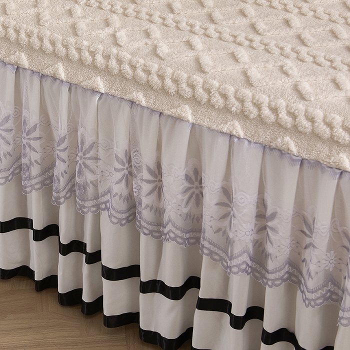 91家纺网 家纺一手货源 找家纺 艾裙海 2025新款180克塔肤绒蕾丝床裙 暖白