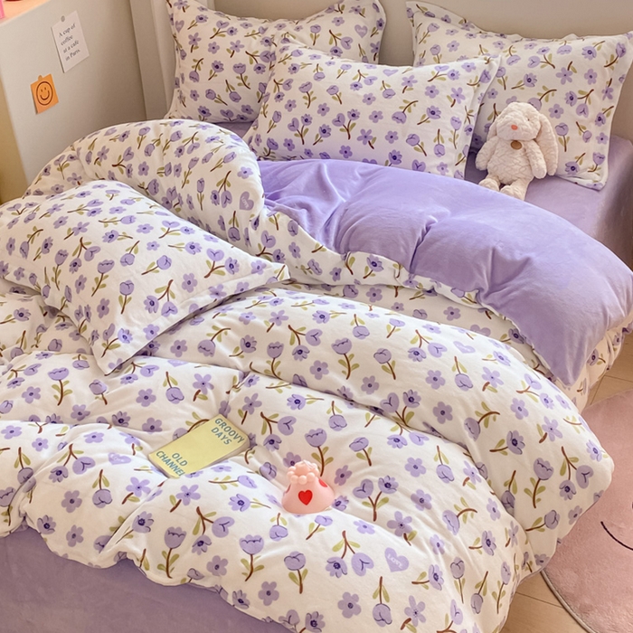 91家纺网 家纺一手货源 找家纺 梦之岛 2024新款高克重小清新印花牛奶绒保暖四件套 花恋