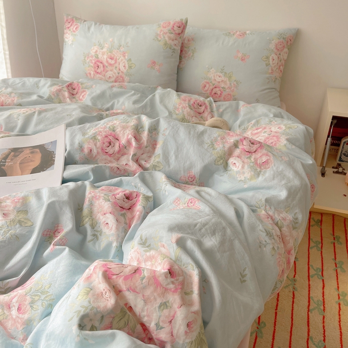 91家纺网 家纺一手货源 找家纺 2024新款学生季克超软印花水洗棉四件套 粉粉蔷薇