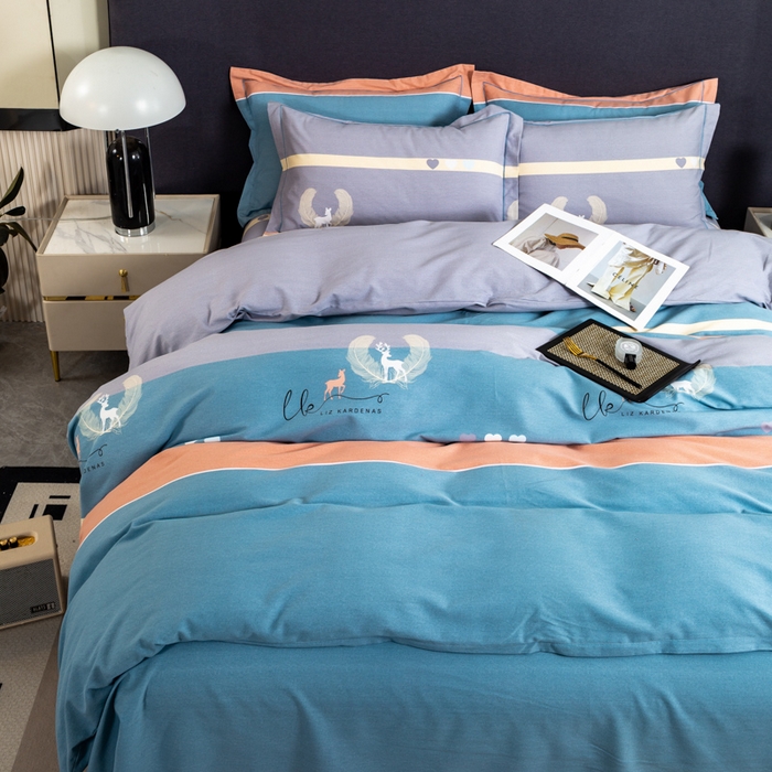 91家纺网 家纺一手货源 找家纺 威布斯 2025新款加厚纯棉全棉磨毛三件套四件套 鹿野仙踪-蓝