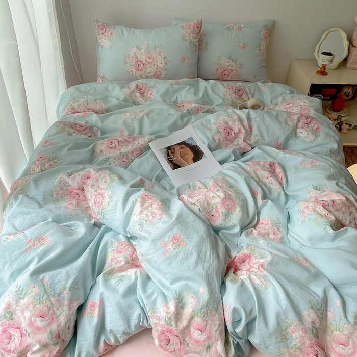 91家纺网 家纺一手货源 找家纺 2024新款学生季克超软印花水洗棉四件套 粉粉蔷薇