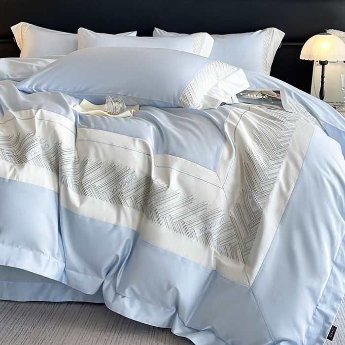 91家纺网 家纺一手货源 找家纺  【A类母婴级】100支长绒棉四件套全棉纯棉重工高端刺绣拼接被套简约床单床笠款床上用品 澜梦-沁水蓝