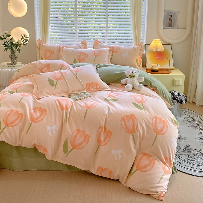 91家纺网 家纺一手货源 找家纺 威布斯 2025新款加厚纯棉全棉磨毛三件套四件套 悠悠小园-桔