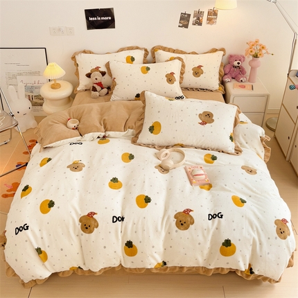 麦朵 2024高克重牛奶绒花边款四件套雪花绒金貂绒套件宝宝绒雕花绒被套 橘子狗