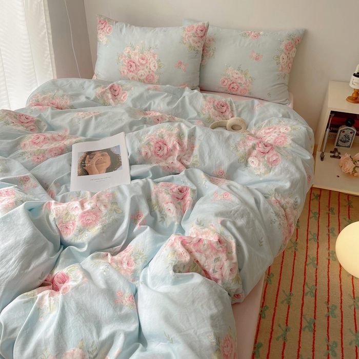 91家纺网 家纺一手货源 找家纺 2024新款学生季克超软印花水洗棉四件套 粉粉蔷薇