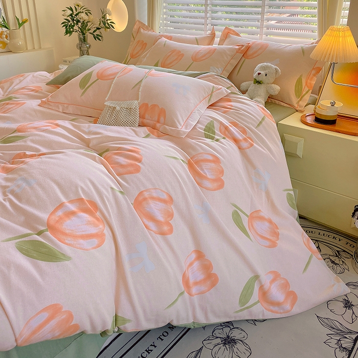 91家纺网 家纺一手货源 找家纺 威布斯 2025新款加厚纯棉全棉磨毛三件套四件套 悠悠小园-桔