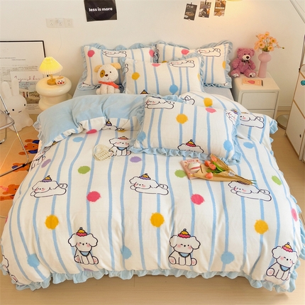 麦朵 2024高克重牛奶绒花边款四件套雪花绒金貂绒套件宝宝绒雕花绒被套 乖乖狗