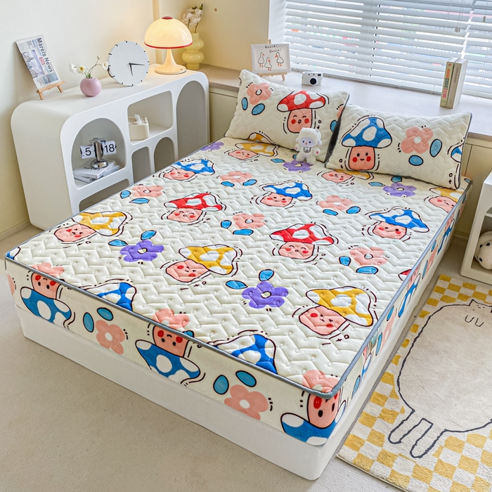 91家纺网 家纺一手货源 找家纺 卡伦家纺 2025新款A类牛奶绒大豆纤维抗菌夹棉床笠 花间蘑力