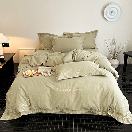 91家纺网 家纺一手货源 找家纺 懒猫家纺 2024新款高精密全棉磨毛绣花四件套-序秋 序秋-玉石绿