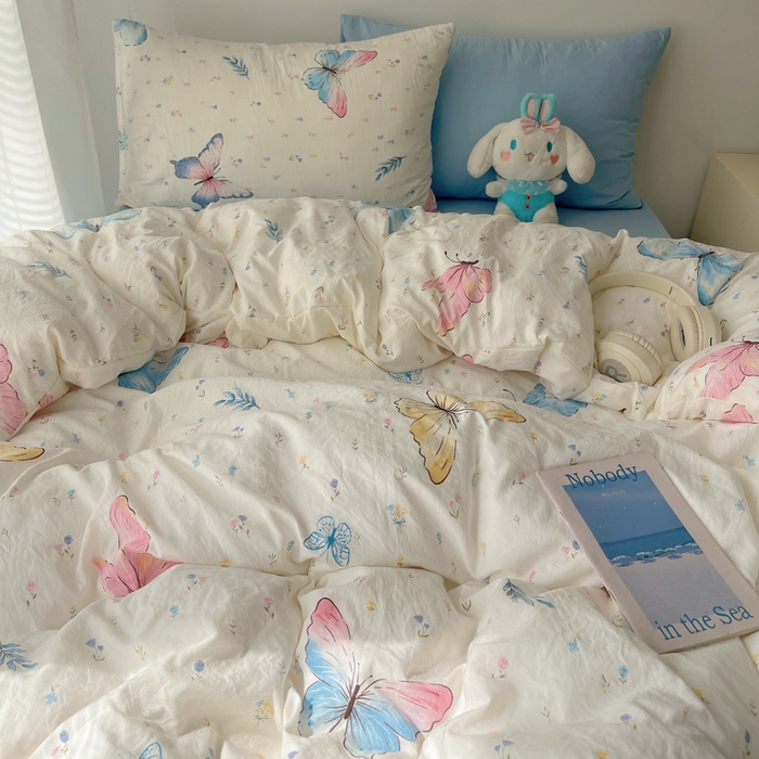 91家纺网 家纺一手货源 找家纺 2024新款学生季克超软印花水洗棉四件套 琉璃蝴