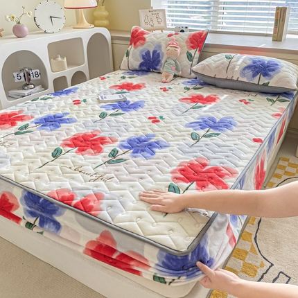 卡伦家纺 2025新款A类牛奶绒大豆纤维抗菌夹棉床笠 樱桃花语