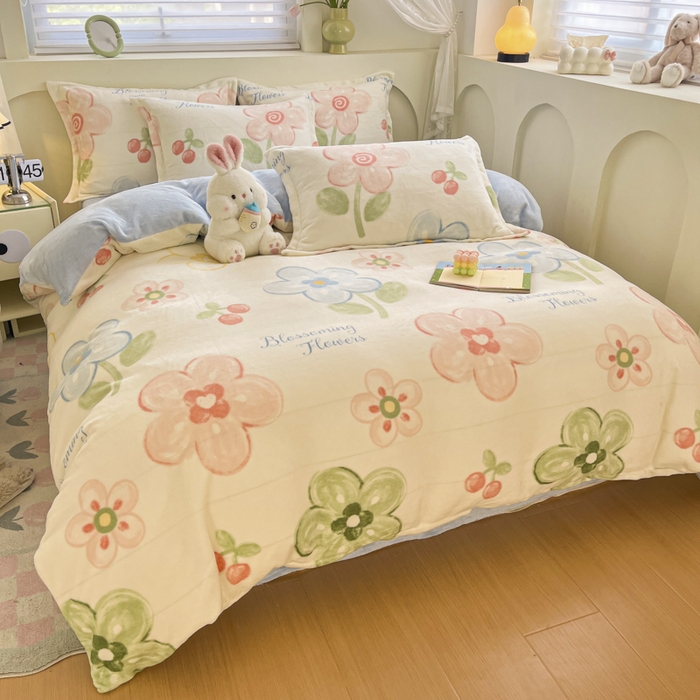 91家纺网 家纺一手货源 找家纺 （总）梦之岛 2024新款高克重小清新印花牛奶绒保暖四件套