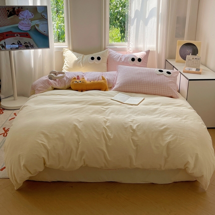 2024新款ins水洗棉色织大眼睛毛巾绣花多巴胺少女纯棉系列四件套 棉毛巾绣-大眼奶黄粉格