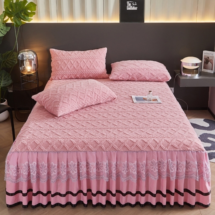 艾裙海 2025新款180克塔肤绒蕾丝床裙 樱花粉