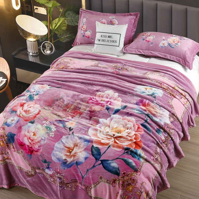 91家纺网 家纺一手货源 找家纺 好艺佳毛毯 2025新款升级多功能3D数码印花毛毯 被套两用拉舍尔云毯 良辰美景-粉