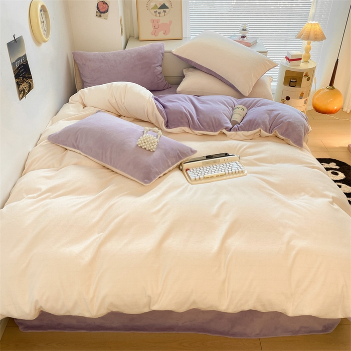 91家纺网 家纺一手货源 找家纺 857家居 2024新款A类牛奶绒纯色双拼四件套 奶昔紫