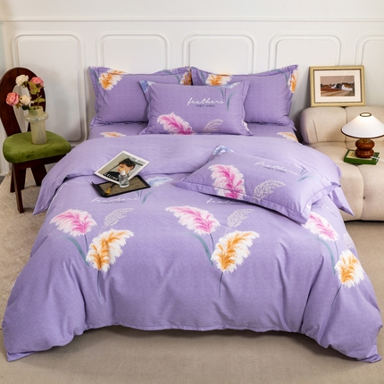 威布斯 2025新款加厚纯棉全棉磨毛三件套四件套 绒绒随风-紫