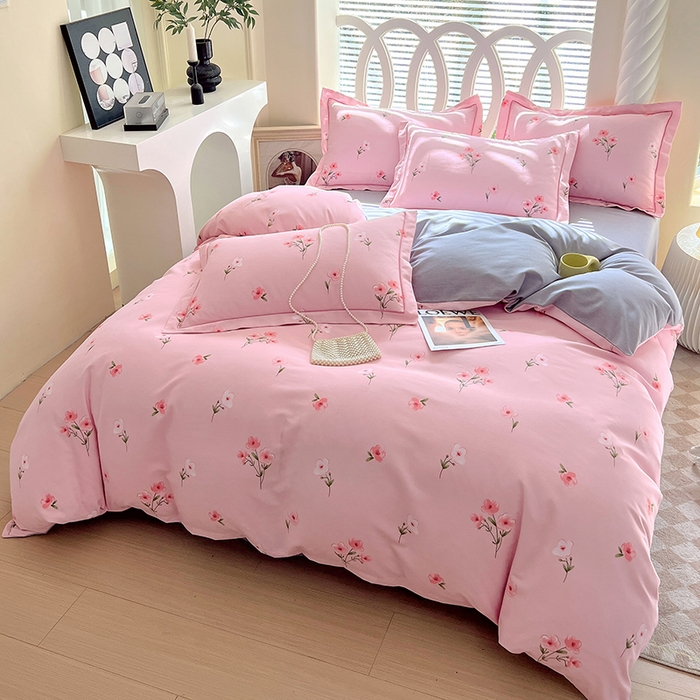 91家纺网 家纺一手货源 找家纺 威布斯 2025新款加厚纯棉全棉磨毛三件套四件套 风铃花香-粉