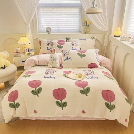 91家纺网 家纺一手货源 找家纺 （总）梦之岛 2024新款高克重小清新印花牛奶绒保暖四件套