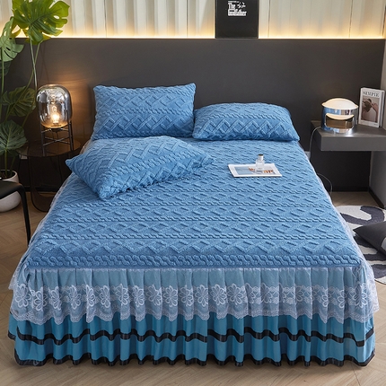 艾裙海 2025新款180克塔肤绒蕾丝床裙 孔雀蓝