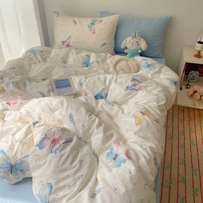 91家纺网 家纺一手货源 找家纺 2024新款学生季克超软印花水洗棉四件套 琉璃蝴